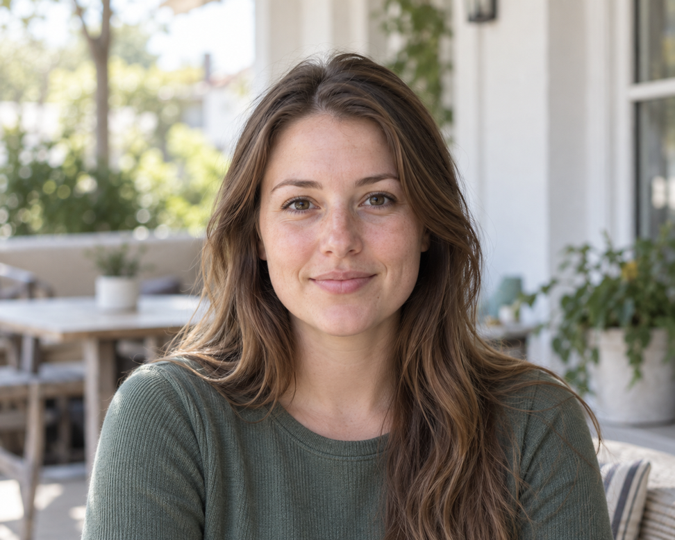 Young woman in a sunlit outdoor setting before ID photo processing